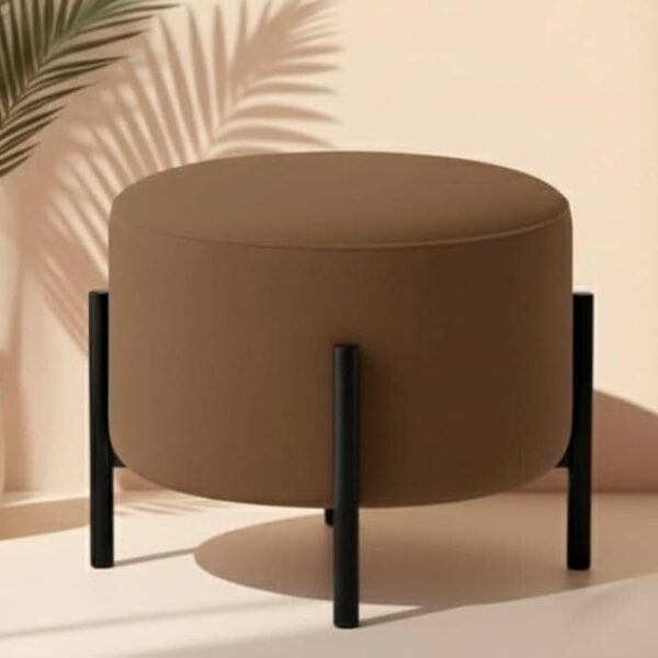 Jaico Modern Round Ottoman Footstool | Brown Upholstered Pouf with Black Metal Legs, Minimalist Accent Stool for Living Room or Bedroom