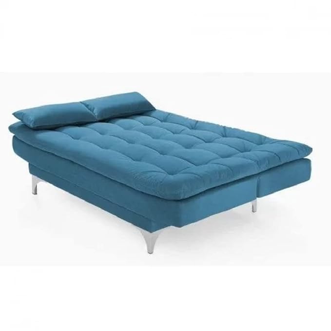 AMATA Eagle Solid Wood 3 Seater Sofa Cum Bed Sky Blue Suede Vlevet Fabric with Two Cushions Perfect for Home Living Office Room and Guests (Aqua Blue, Medium)