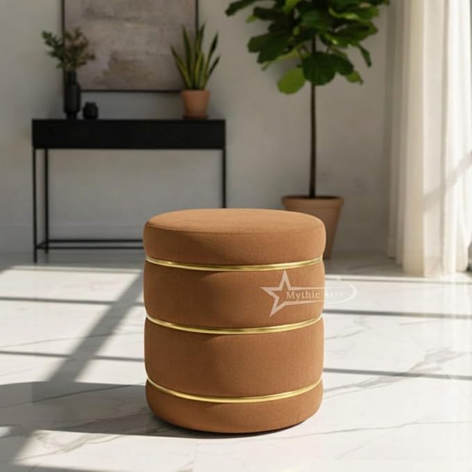 Wooden Puffy Round Footstool and Ottoman Stool for Living Room Furnishings, Sitting Pouffe Ottoman Stool, Office Stool, and Room Decor Brown