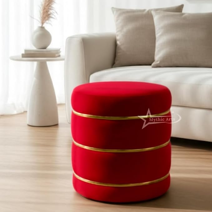 Wooden Puffy Round Footstool and Ottoman Stool for Living Room Furnishings, Sitting Pouffe Ottoman Stool, Office Stool, and Room Decor RED