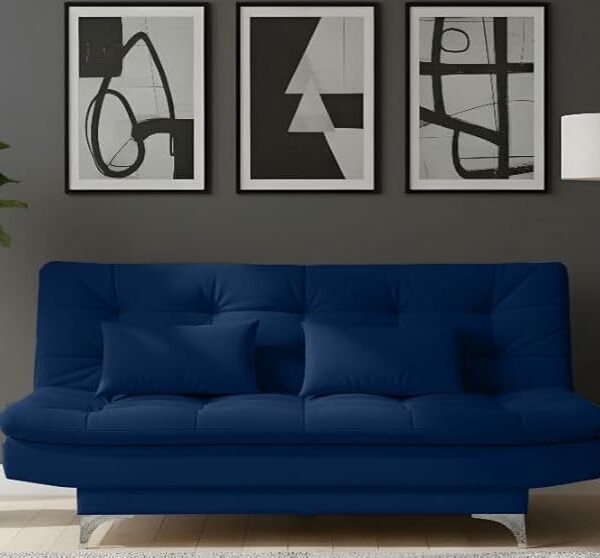 AMATA Eagle Solid Wood 3 Seater Sofa Cum Bed Sky Blue Suede Vlevet Fabric with Two Cushions Perfect for Home Living Office Room and Guests (Royal Blue 2, Medium)