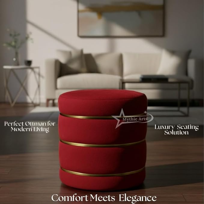 Wooden Puffy Round Footstool and Ottoman Stool for Living Room Furnishings, Sitting Pouffe Ottoman Stool, Office Stool, and Room Decor RED