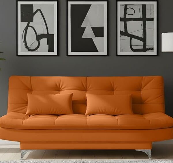 AMATA Eagle Solid Wood 3 Seater Sofa Cum Bed Sky Blue Suede Vlevet Fabric with Two Cushions Perfect for Home Living Office Room and Guests (Orange 2, Medium)