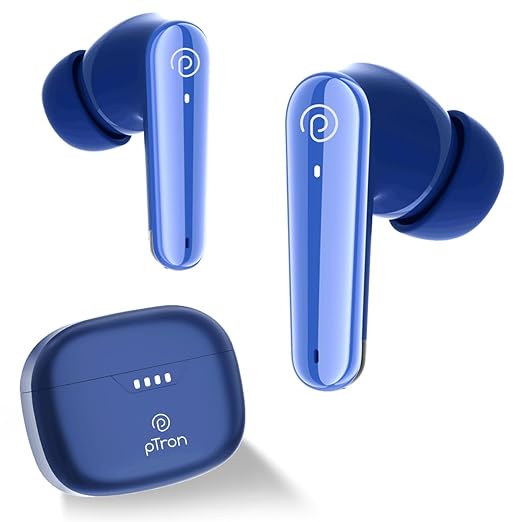pTron Newly Launched Bassbuds Prism TWS Earbuds with 3D AudioScape, 45Hrs Playtime, TruTalk AI-ENC Calls, 50ms Low Latency Sync, BT5.3, Type-C Fast Charging, Voice Asst. & IPX5 Water Resistant (Blue)