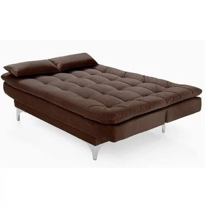 AMATA Eagle Solid Wood 3 Seater Sofa Cum Bed Sky Blue Suede Vlevet Fabric with Two Cushions Perfect for Home Living Office Room and Guests (Brown, Medium)