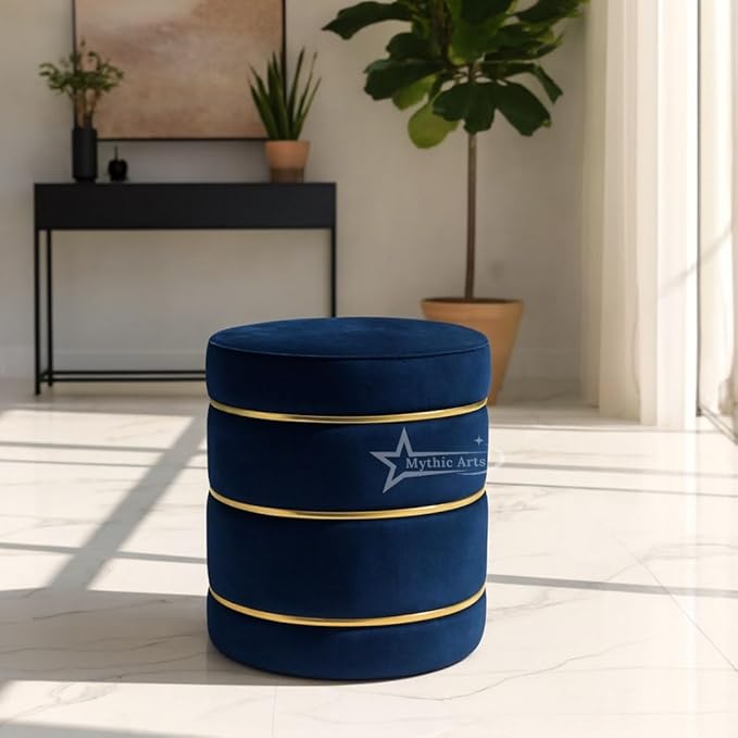 Wooden Puffy Round Footstool and Ottoman Stool for Living Room Furnishings, Sitting Pouffe Ottoman Stool, Office Stool, and Room Decor Blue