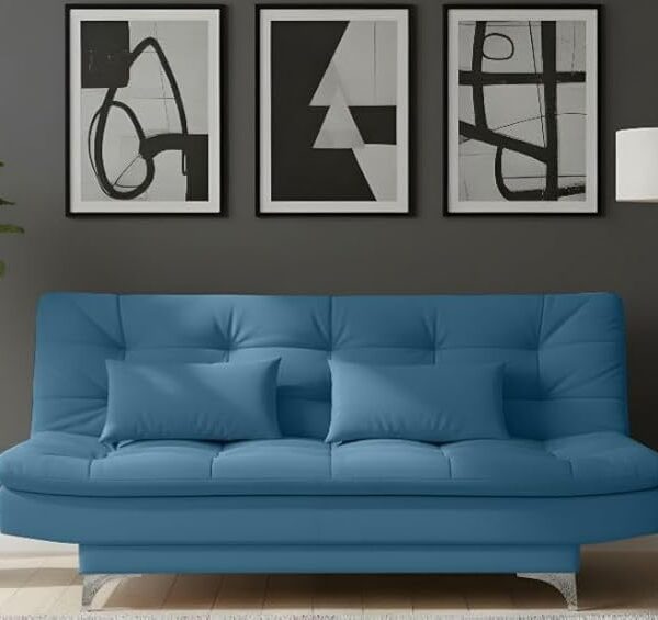 AMATA Eagle Solid Wood 3 Seater Sofa Cum Bed Sky Blue Suede Vlevet Fabric with Two Cushions Perfect for Home Living Office Room and Guests (Aqua Blue, Medium)