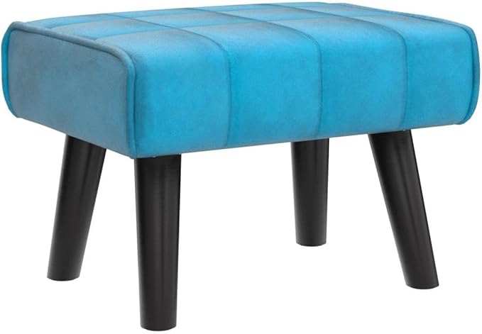 Modern Ottoman Footrest Stool, Quilted Velvet Upholstery, Black Wooden Legs, Living Room Furniture (Blue, Pack of 1, Rectangular)