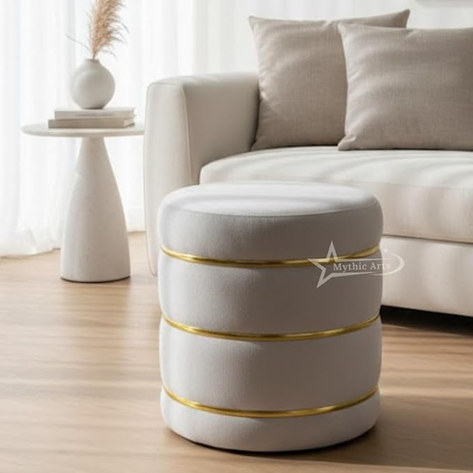 Wooden Puffy Round Footstool and Ottoman Stool for Living Room Furnishings, Sitting Pouffe Ottoman Stool, Office Stool, and Room Decor Cream