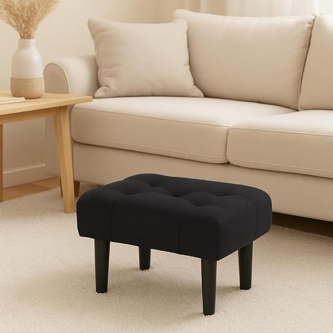 Small Footstool Ottoman, Velvet Soft Footrest Ottoman with Wood Legs? Sofa Footrest Extra Seating for Living Room Entryway Office - Black