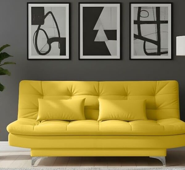 AMATA Eagle Solid Wood 3 Seater Sofa Cum Bed Sky Blue Suede Vlevet Fabric with Two Cushions Perfect for Home Living Office Room and Guests (Yellow, Medium)
