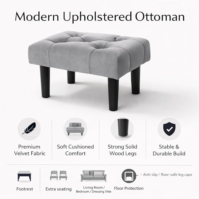 Small Footstool Ottoman, Velvet Soft Footrest Ottoman with Wood Legs? Sofa Footrest Extra Seating for Living Room Entryway Office - Black
