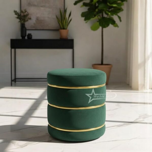 Wooden Puffy Round Footstool and Ottoman Stool for Living Room Furnishings, Sitting Pouffe Ottoman Stool, Office Stool, and Room Decor Dark Green