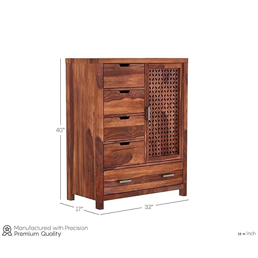 Solimo Solid Sheesham Wood Truva Sideboard Cabinet with 5 Drawers and 1-Door Storage | Multipurpose Wooden Organizer Unit for Living Room, Kitchen, Hall and Crockery Storage (Honey Finish)