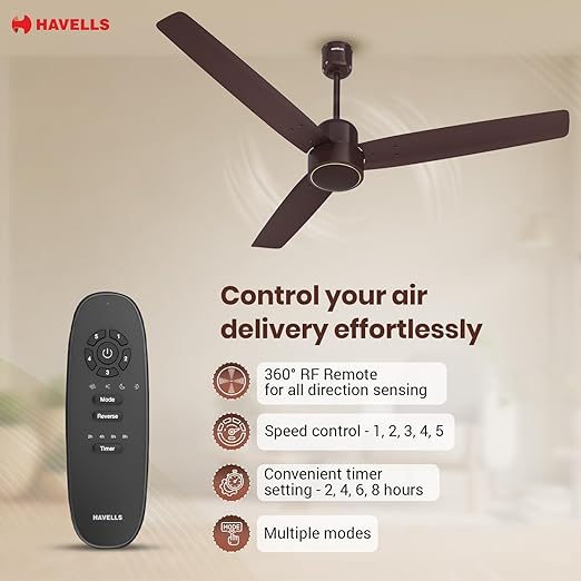 Havells FAB BLDC Ceiling Fan 1200mm, 380 RPM, Upto 65% Savings, Reverse Rotation, 4 Modes (Boost, Sleep, Breeze, Mop), Low Wattage 30W, Low Noise, Air Flow: 225 CMM, 3 Years Warranty, Brown
