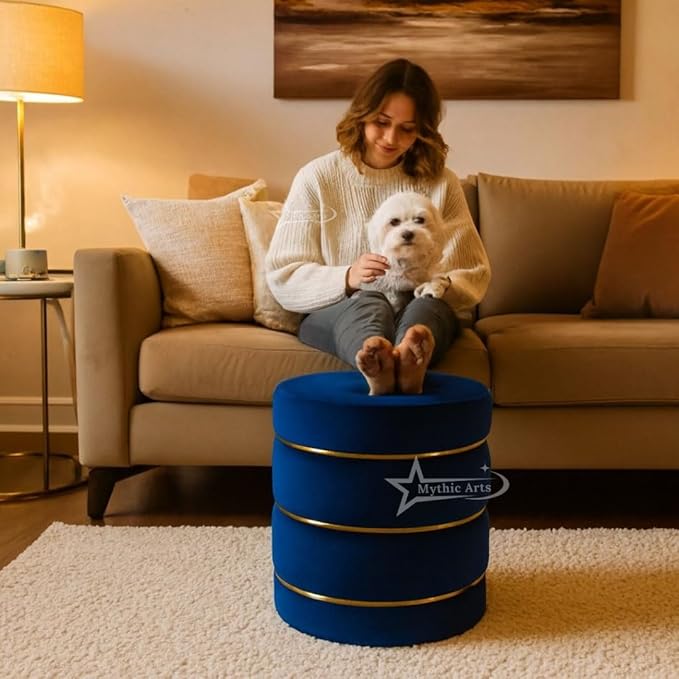 Wooden Puffy Round Footstool and Ottoman Stool for Living Room Furnishings, Sitting Pouffe Ottoman Stool, Office Stool, and Room Decor Blue