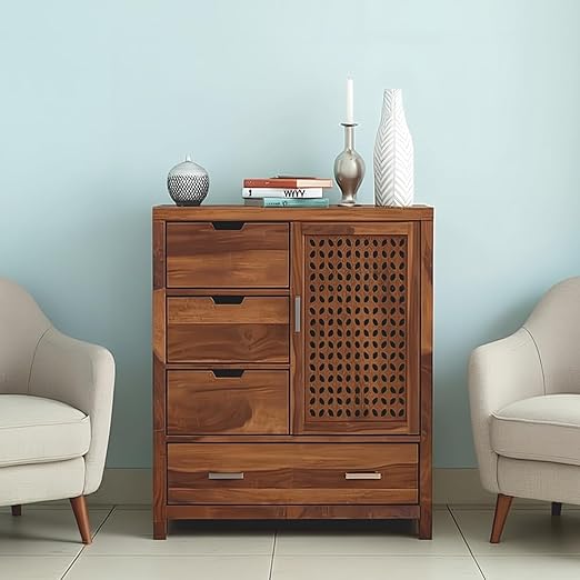 Solimo Solid Sheesham Wood Truva Sideboard Cabinet with 5 Drawers and 1-Door Storage | Multipurpose Wooden Organizer Unit for Living Room, Kitchen, Hall and Crockery Storage (Honey Finish)