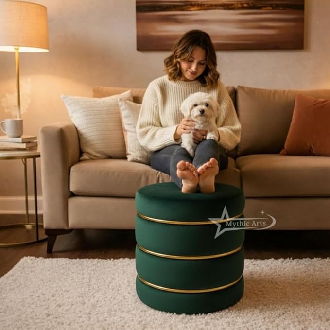 Wooden Puffy Round Footstool and Ottoman Stool for Living Room Furnishings, Sitting Pouffe Ottoman Stool, Office Stool, and Room Decor Dark Green
