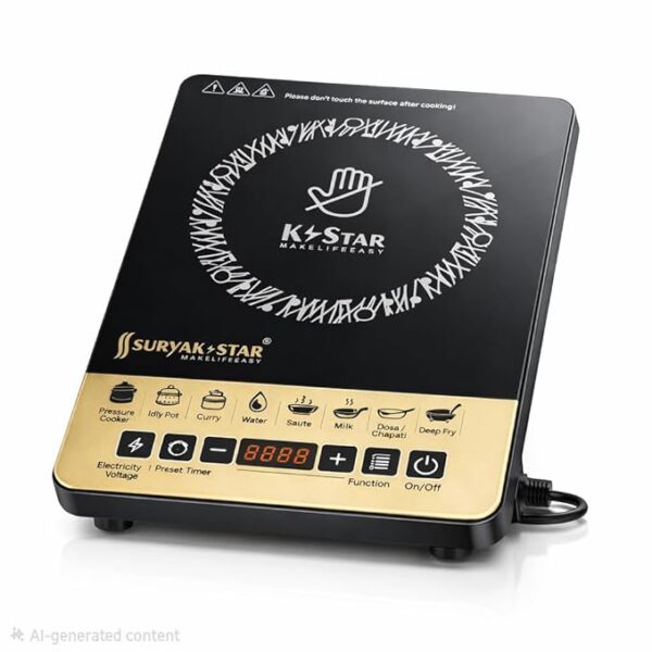 SURYA 2000W Induction Cooktop for Home | Crystal Glass Top | 8 Indian Cooking Modes | Auto Shut-Off & Overheat Protection | LED Display | Push Button Controls | Energy Saving Electric Stove | Black