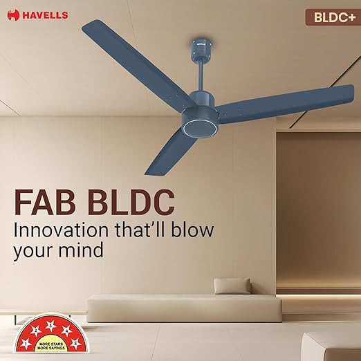 Havells FAB BLDC Ceiling Fan 1200mm, 380 RPM, Upto 65% Savings, Reverse Rotation, 4 Modes (Boost, Sleep, Breeze, Mop), Low Wattage 30W, Low Noise, Air Flow: 225 CMM, 3 Years Warranty, Denim Blue