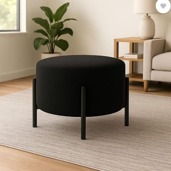 Jaico Modern Round Ottoman Footstool | Black Upholstered Pouf with Black Metal Legs, Minimalist Accent Stool for Living Room or Bedroom