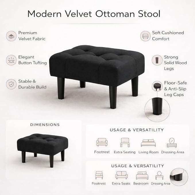Small Footstool Ottoman, Velvet Soft Footrest Ottoman with Wood Legs? Sofa Footrest Extra Seating for Living Room Entryway Office - Black