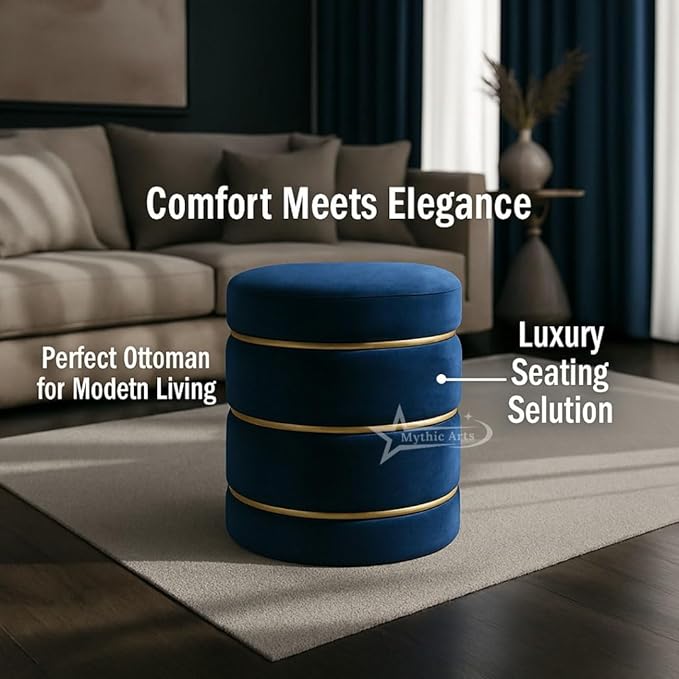 Wooden Puffy Round Footstool and Ottoman Stool for Living Room Furnishings, Sitting Pouffe Ottoman Stool, Office Stool, and Room Decor Blue