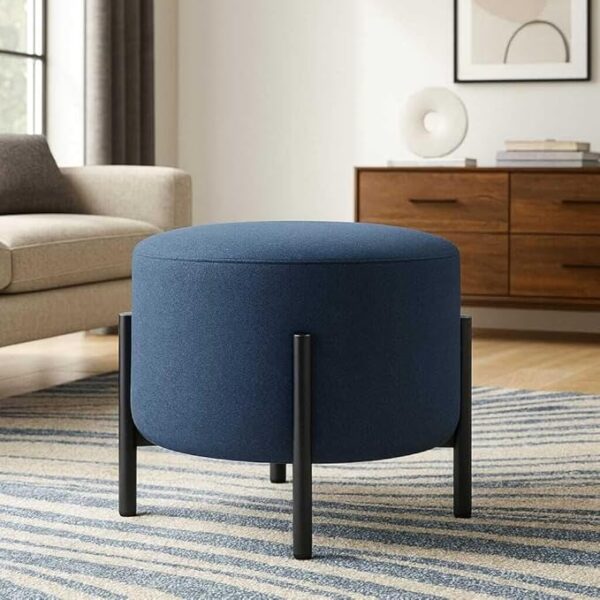 Jaico Modern Round Ottoman Footstool | Blue Upholstered Pouf with Black Metal Legs, Minimalist Accent Stool for Living Room or Bedroom