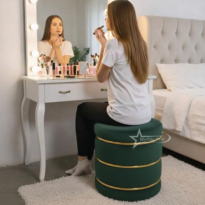 Wooden Puffy Round Footstool and Ottoman Stool for Living Room Furnishings, Sitting Pouffe Ottoman Stool, Office Stool, and Room Decor Dark Green