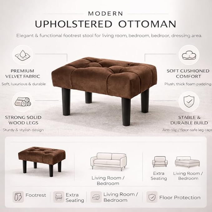 Small Footstool Ottoman, Velvet Soft Footrest Ottoman with Wood Legs? Sofa Footrest Extra Seating for Living Room Entryway Office - Black