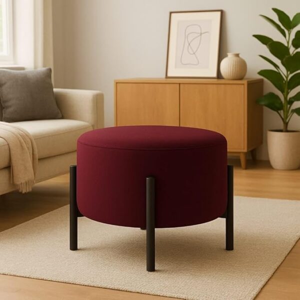 Jaico Modern Round Ottoman Footstool | Maroon Upholstered Pouf with Black Metal Legs, Minimalist Accent Stool for Living Room or Bedroom