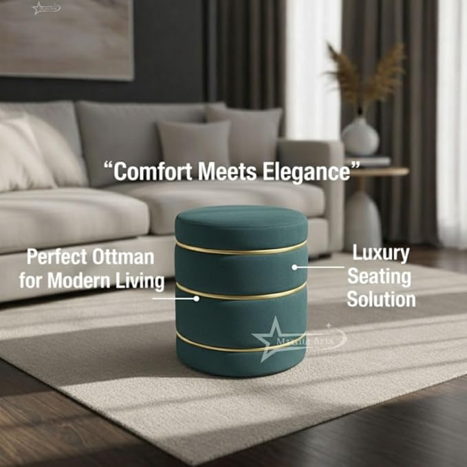 Wooden Puffy Round Footstool and Ottoman Stool for Living Room Furnishings, Sitting Pouffe Ottoman Stool, Office Stool, and Room Decor Aqua