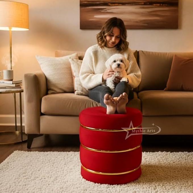 Wooden Puffy Round Footstool and Ottoman Stool for Living Room Furnishings, Sitting Pouffe Ottoman Stool, Office Stool, and Room Decor RED