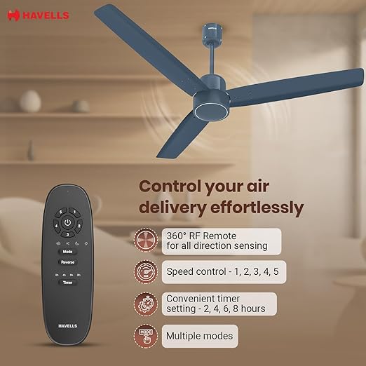 Havells FAB BLDC Ceiling Fan 1200mm, 380 RPM, Upto 65% Savings, Reverse Rotation, 4 Modes (Boost, Sleep, Breeze, Mop), Low Wattage 30W, Low Noise, Air Flow: 225 CMM, 3 Years Warranty, Denim Blue