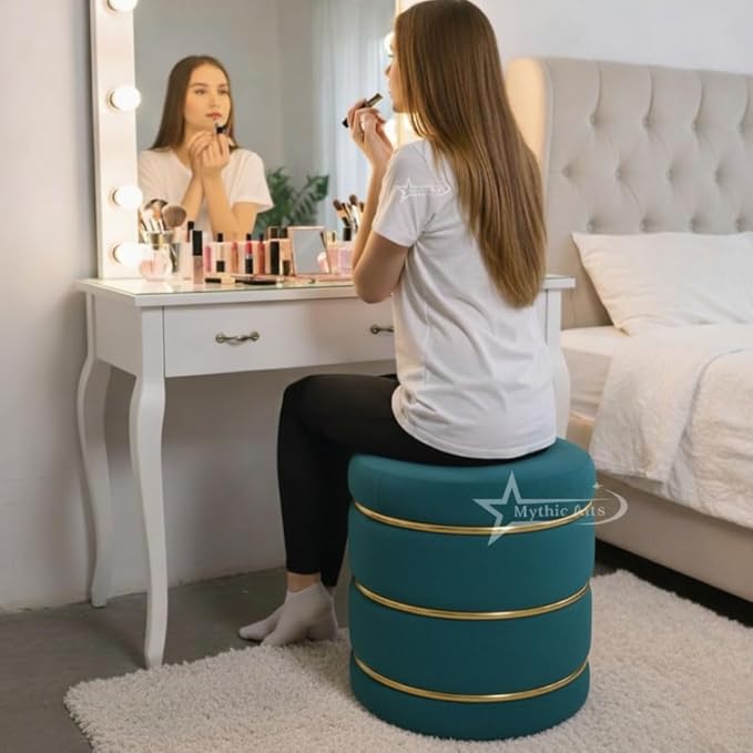 Wooden Puffy Round Footstool and Ottoman Stool for Living Room Furnishings, Sitting Pouffe Ottoman Stool, Office Stool, and Room Decor Aqua