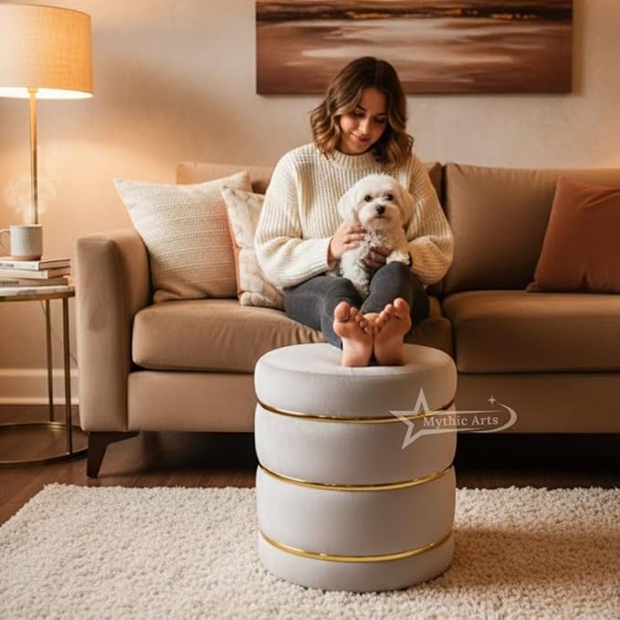 Wooden Puffy Round Footstool and Ottoman Stool for Living Room Furnishings, Sitting Pouffe Ottoman Stool, Office Stool, and Room Decor Cream