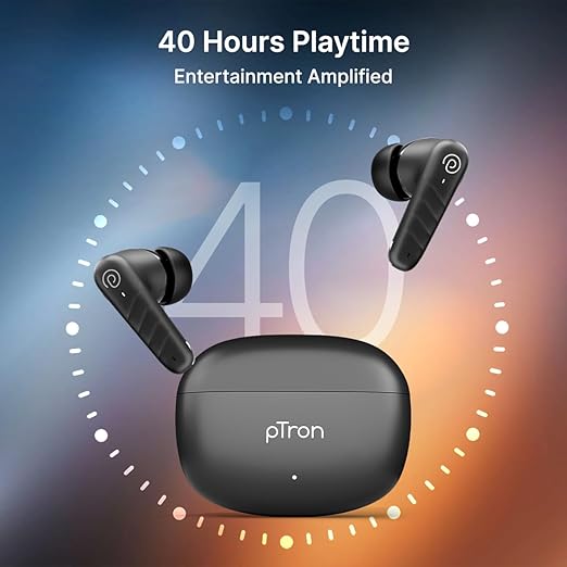 pTron Bassbuds Spark in-Ear TWS Earbuds with Stereo Sound, 40Hrs Playtime, Stereo Calls, Bluetooth V5.3 Headphones with Quick Pairing, Touch Control, Voice Assistant, Type C Charging & IPX5 (Black)