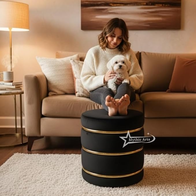 Wooden Puffy Round Footstool and Ottoman Stool for Living Room Furnishings, Sitting Pouffe Ottoman Stool, Office Stool, and Room Decor Aqua