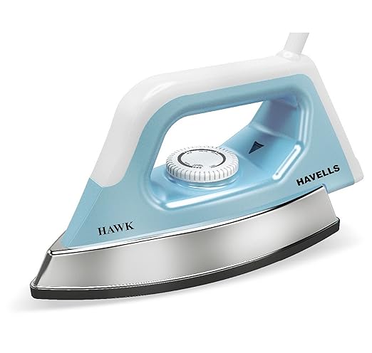 Havells Hawk 1100 Watt Heavy Weight Dry Iron American Heritage with Non Stick Sole Plate, Aerodynamic Design, Easy Grip Temperature Knob and 2 Years Warranty. (Blue & White)
