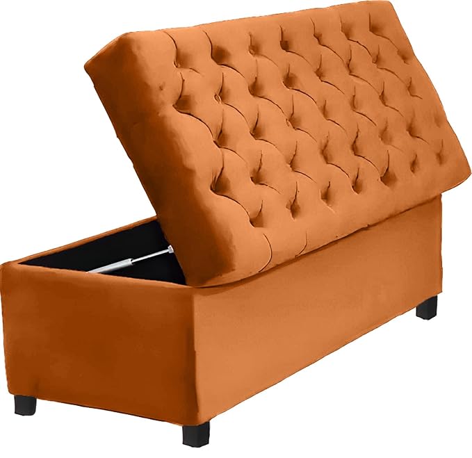 AMATA Eagle Solid Wood 2 Seater Ottoman/pouffe Camel Suede velevt Fabric Perfect for Home Living Office Room and Guests (Orange 3, 2 Seater)