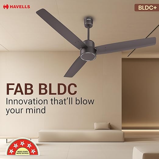 Havells FAB BLDC Ceiling Fan 1200mm, 380 RPM, Upto 65% Savings, Reverse Rotation, 4 Modes (Boost, Sleep, Breeze, Mop), Low Wattage 30W, Low Noise, Air Flow: 225 CMM, 3 Years Warranty, Cocoa Brown
