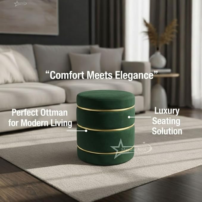 Wooden Puffy Round Footstool and Ottoman Stool for Living Room Furnishings, Sitting Pouffe Ottoman Stool, Office Stool, and Room Decor Dark Green