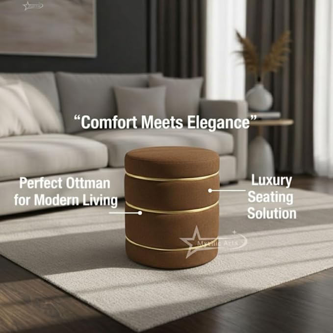 Wooden Puffy Round Footstool and Ottoman Stool for Living Room Furnishings, Sitting Pouffe Ottoman Stool, Office Stool, and Room Decor Brown