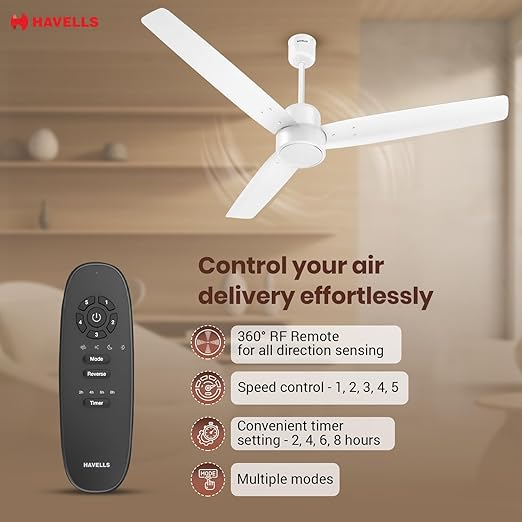 Havells FAB BLDC Ceiling Fan 1200mm, 380 RPM, Upto 65% Savings, Reverse Rotation, 4 Modes (Boost, Sleep, Breeze, Mop), Low Wattage 30W, Low Noise, Air Flow: 225 CMM, 3 Years Warranty, Elegant White