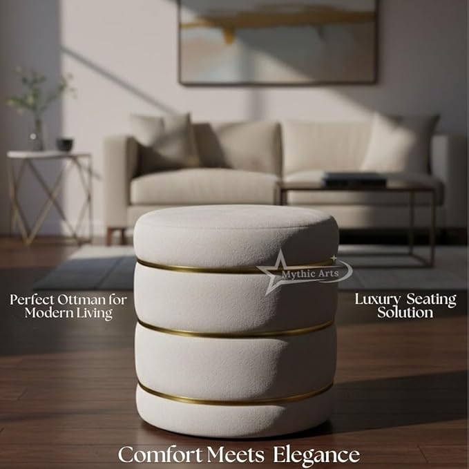 Wooden Puffy Round Footstool and Ottoman Stool for Living Room Furnishings, Sitting Pouffe Ottoman Stool, Office Stool, and Room Decor Cream