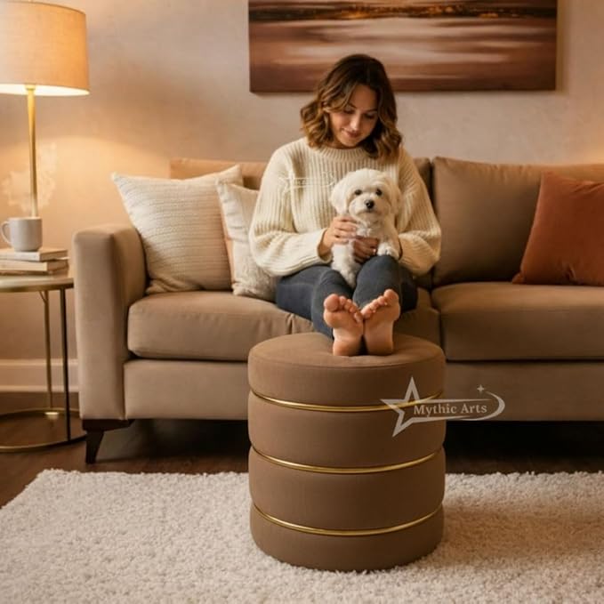 Wooden Puffy Round Footstool and Ottoman Stool for Living Room Furnishings, Sitting Pouffe Ottoman Stool, Office Stool, and Room Decor Brown