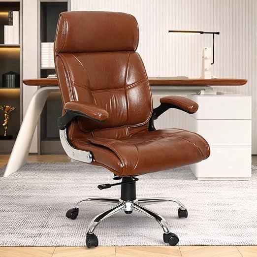 Lakdi The Furniture High Back Director Office Chair Ergonomic Leatherette Executive Chair with Adjustable Armrests, Comfortable Revolving Desk Chair for Office and Work from Home-111012160_Tanbrown