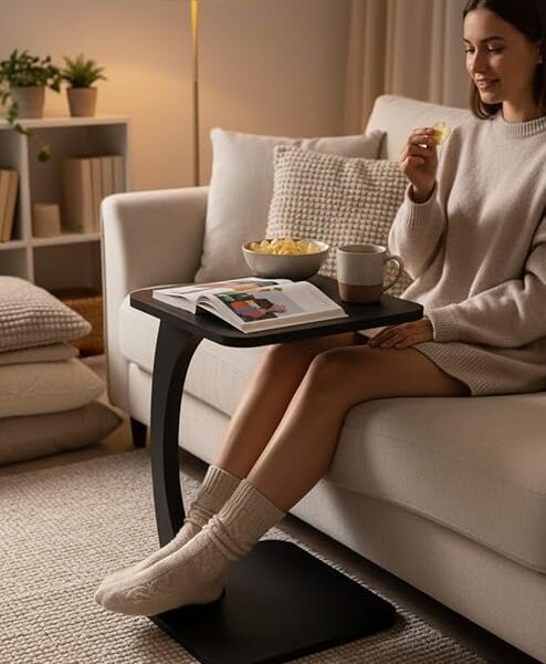 Modern C-Shaped Wooden Sofa Side Table for Living Room | Multipurpose Laptop Table for Couch | Bedside Coffee Table | Space Saving Snack Table for Home & Office | Stylish Portable End Table (Black)
