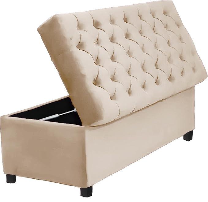 AMATA Eagle Solid Wood 2 Seater Ottoman/pouffe Camel Suede velevt Fabric Perfect for Home Living Office Room and Guests (Cream 3, 2 Seater)