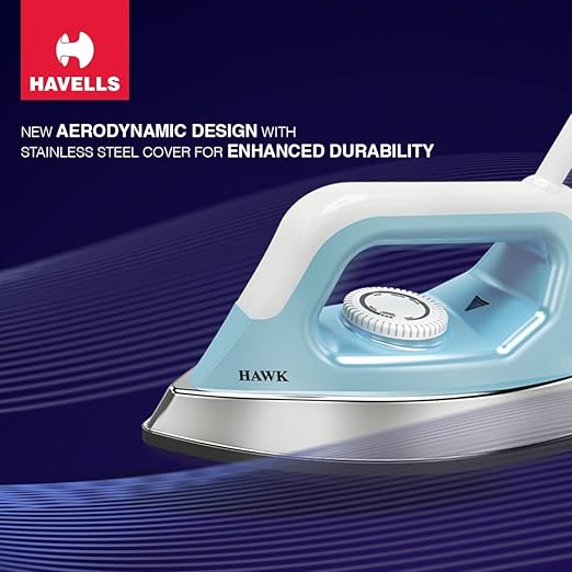 Havells Hawk 1100 Watt Heavy Weight Dry Iron American Heritage with Non Stick Sole Plate, Aerodynamic Design, Easy Grip Temperature Knob and 2 Years Warranty. (Blue & White)